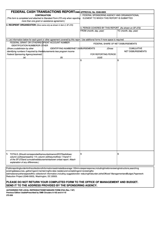 Standard Form 272a - Federal Cash Transactions Report Printable pdf