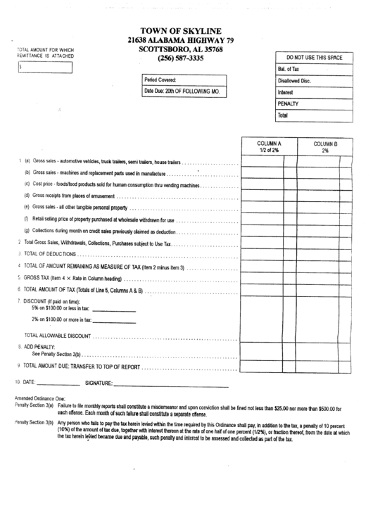 Sales Tax Form - Town Of Skyline Printable pdf
