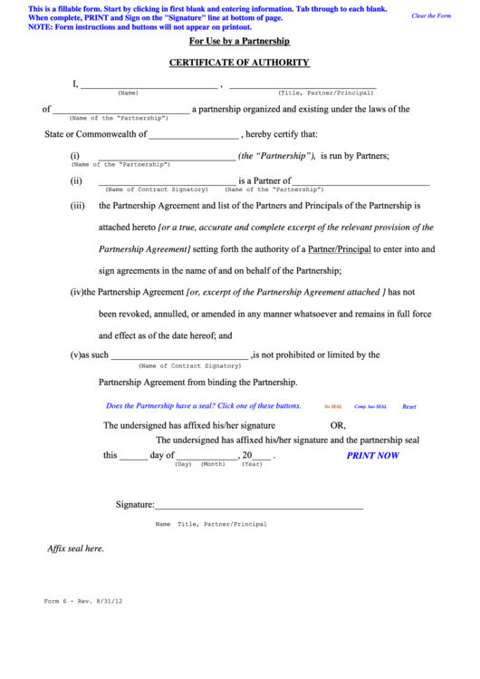 Fillable Certificate Of Authority Form Printable pdf
