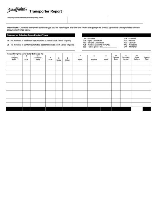 Transporter Report Form - State Of South Dakota Printable pdf