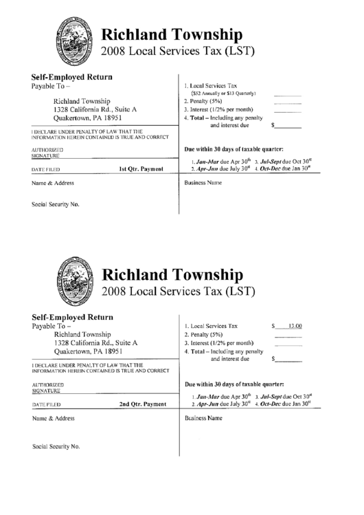 2008 Local Services Tax Form - Richland Township Printable pdf