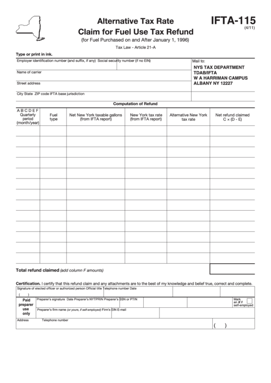Form Ifta-115 - Alternative Tax Rate Claim For Fuel Use Tax Refund Printable pdf