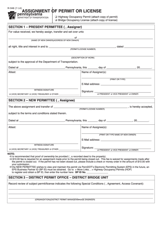 Fillable Form M-948 - Assignment Of Permit Or License Printable pdf