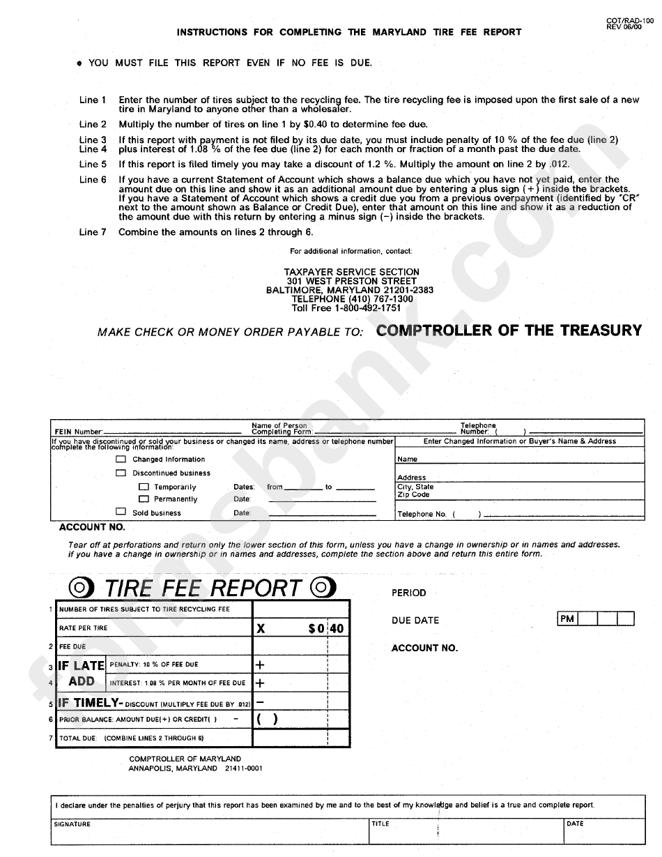 Instruction Sheet For Completing The Maryland Tire Fee Report