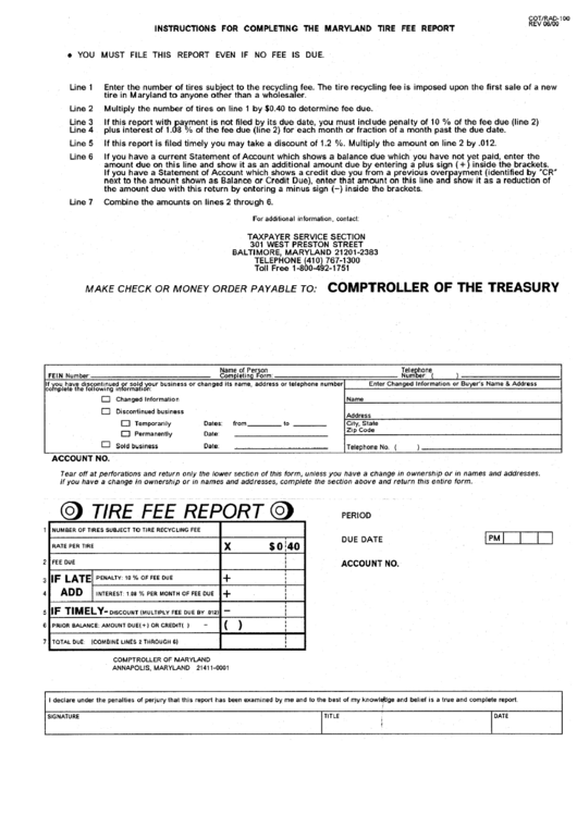 Instruction Sheet For Completing The Maryland Tire Fee Report Printable pdf