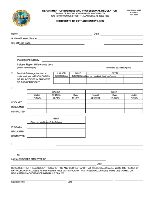 Dbpr Form Ab&t - Certificate Of Extraordinary Loss Printable pdf
