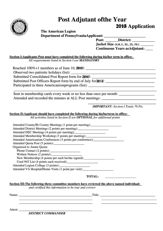 Fillable Post Adjutant Of The Year Application Form Printable pdf