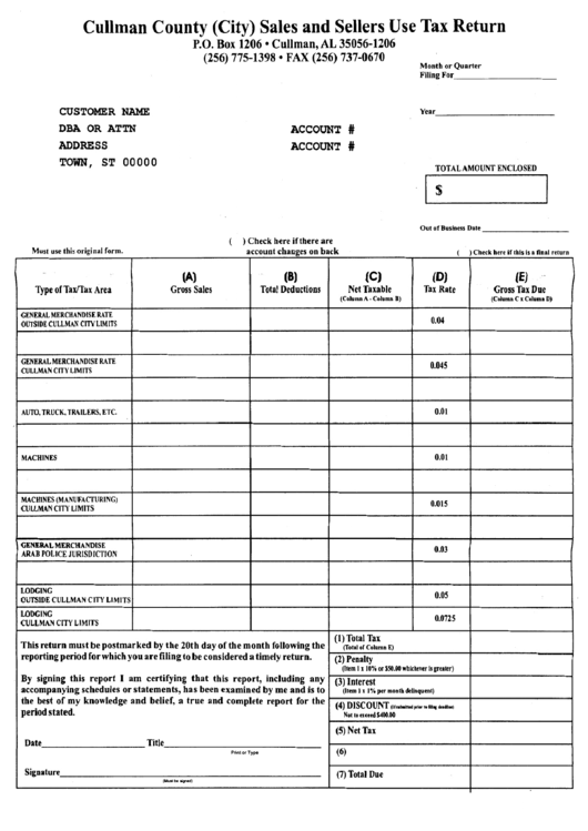 Sales And Sellers Use Tax Return Form - Cullman County Printable pdf