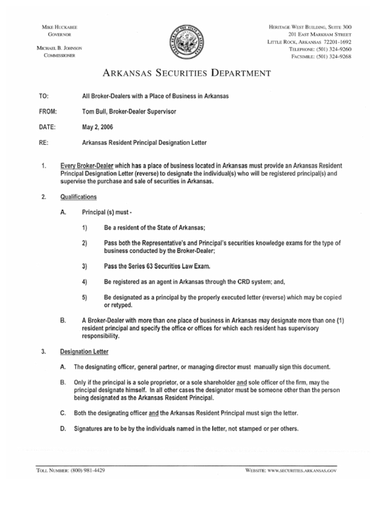 Arkansas Resident Principal Designation Letter Form - State Of Arkansas Printable pdf