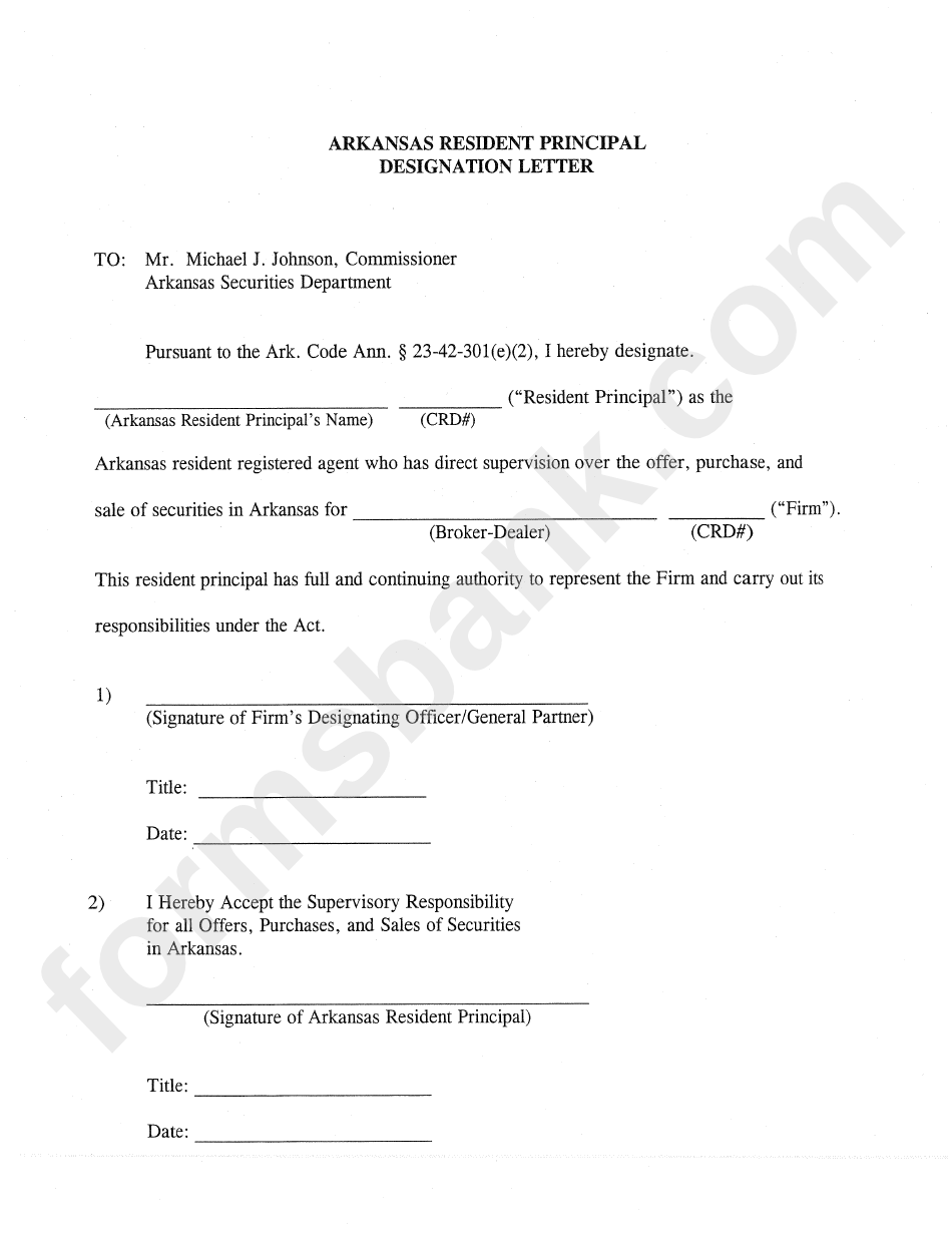 Arkansas Resident Principal Designation Letter Form - State Of Arkansas