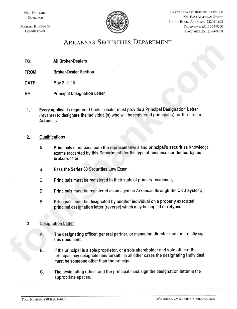 Broker/dealer Principal Designation Letter Form - State Of Arkansas