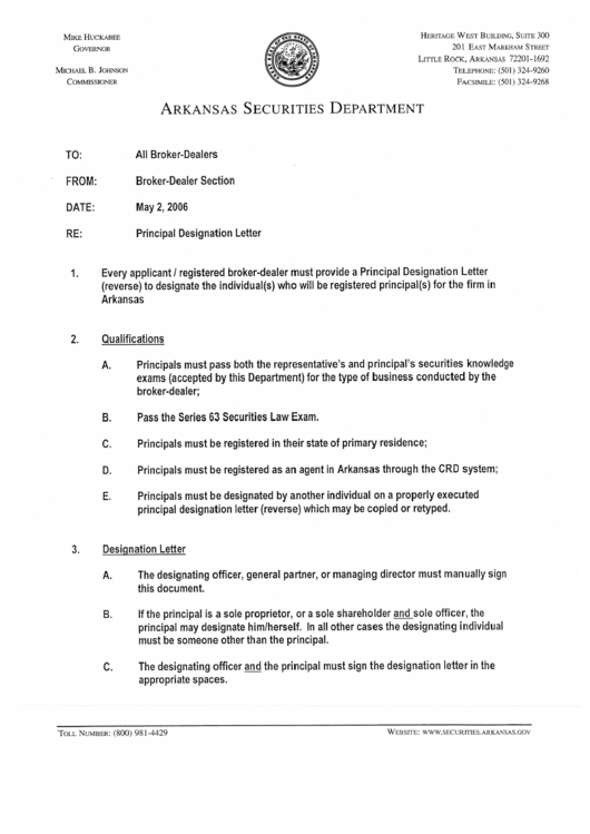Broker/dealer Principal Designation Letter Form - State Of Arkansas Printable pdf