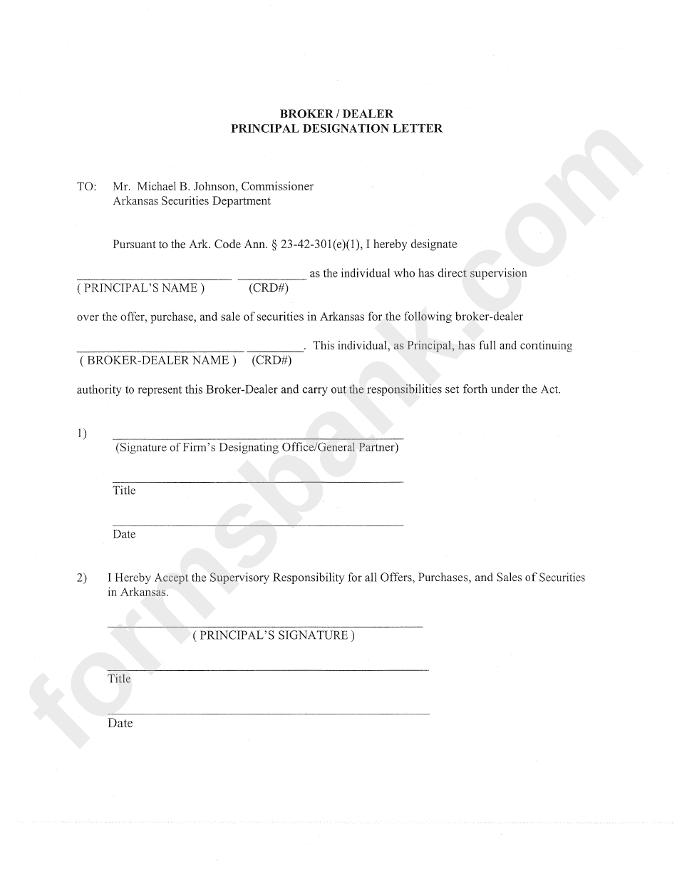 Broker/dealer Principal Designation Letter Form - State Of Arkansas