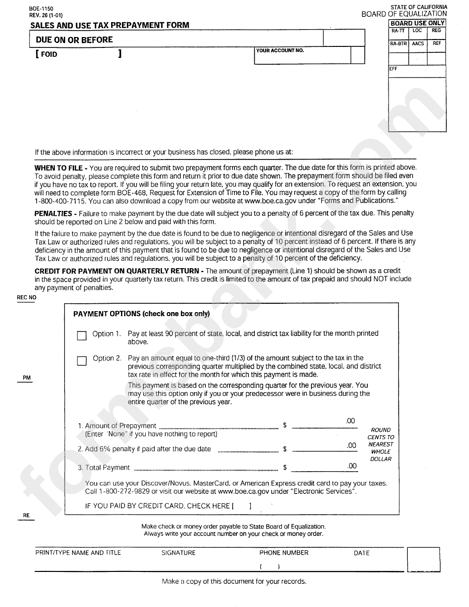 Form Boe-1150 - Sales And Use Tax Repayment Form