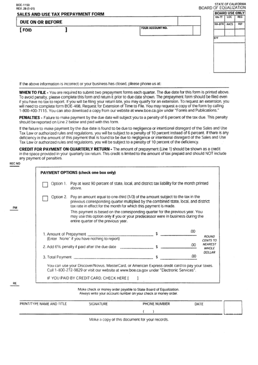 Form Boe-1150 - Sales And Use Tax Repayment Form Printable pdf