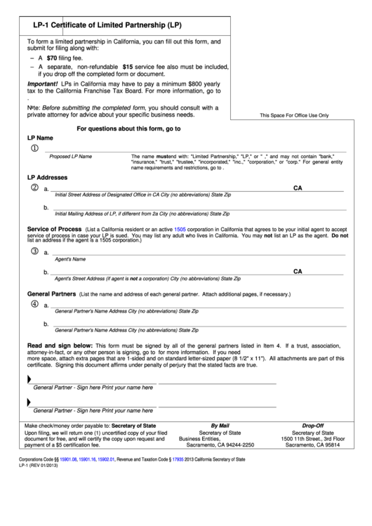 Fillable Form Lp-1 -Certificate Form For Limited Partnership Printable pdf