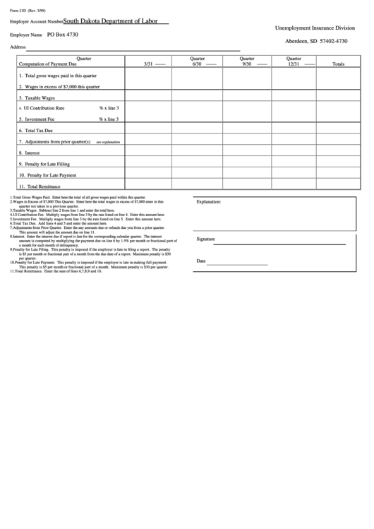 Form 21d - Computation Of Due Payment Form Printable pdf
