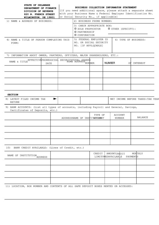 Business Collection Informaton Statement - State Of Delaware Printable 