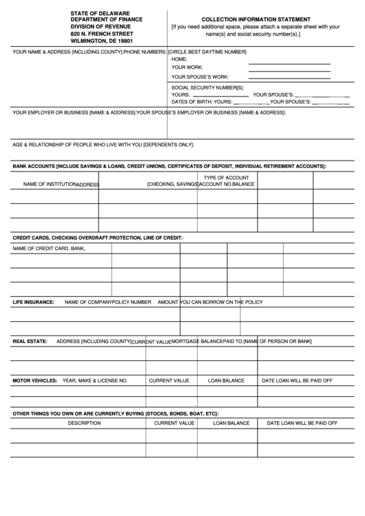 Collection Information Statement - State Of Delaware printable pdf download