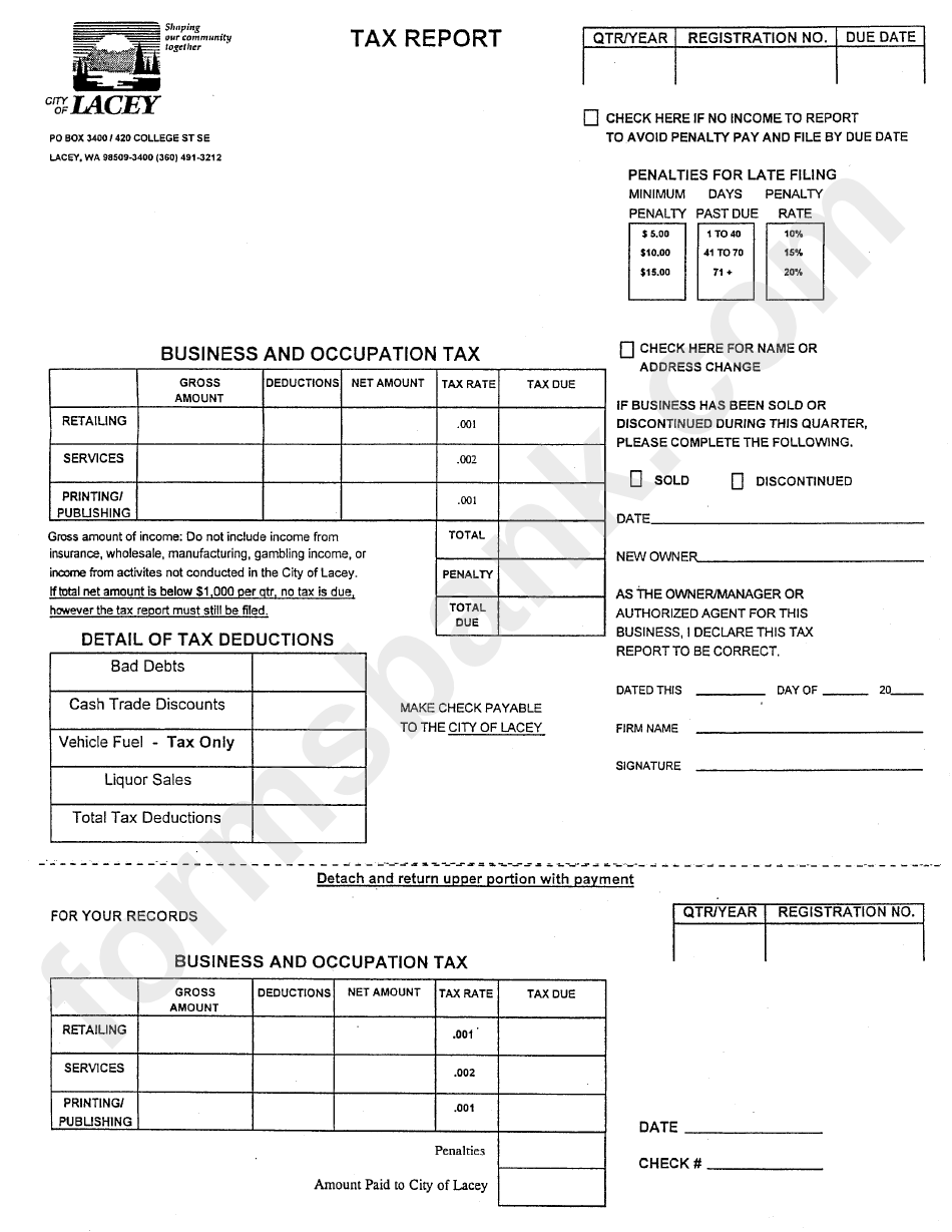Business And Occupation Tax Report Form - City Of Lacey