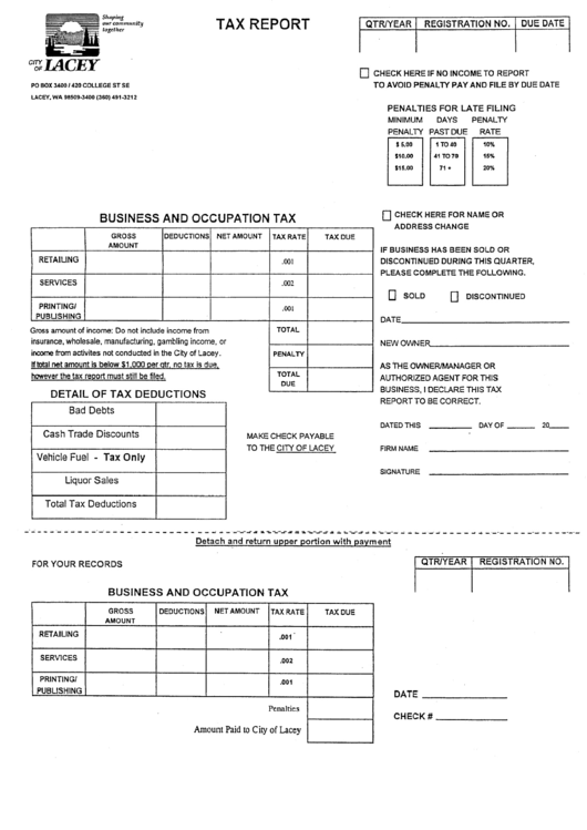 Business And Occupation Tax Report Form - City Of Lacey Printable pdf