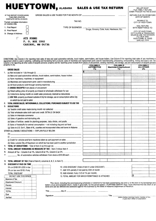 Gross Sales And Use Tax Monthly Report Form - Hueytown