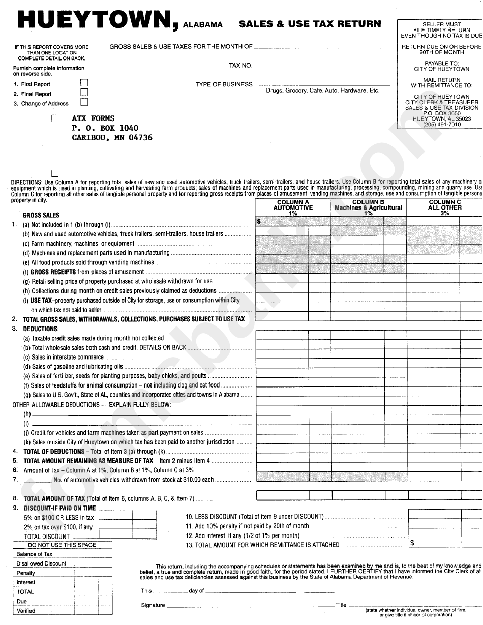 Gross Sales And Use Tax Monthly Report Form - Hueytown