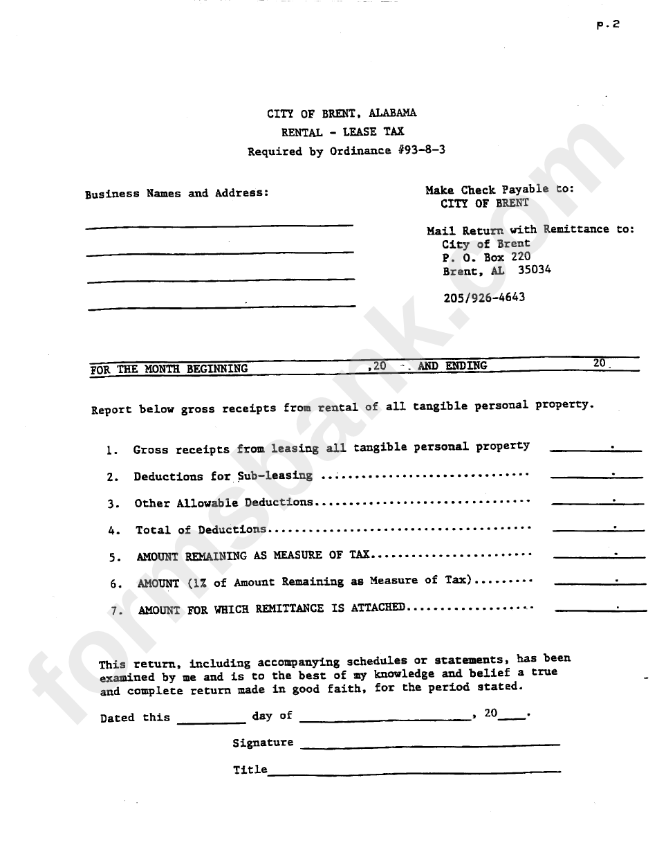 Rental-Lease Tax Form - City Of Brent
