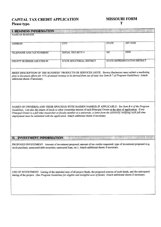 Capital Tax Credit Application -Form Printable pdf