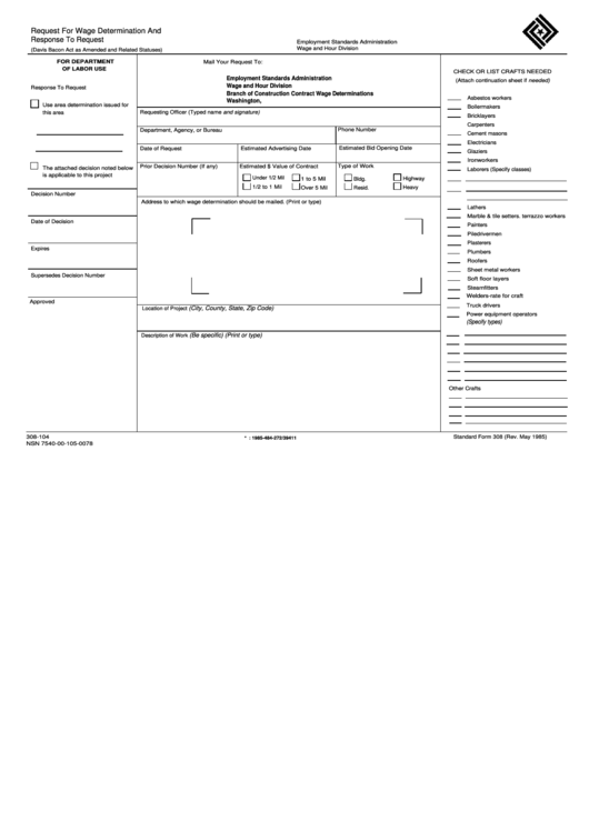 Fillable Standard Form 308 - Request For Wage Determination And Response To Request Form Printable pdf
