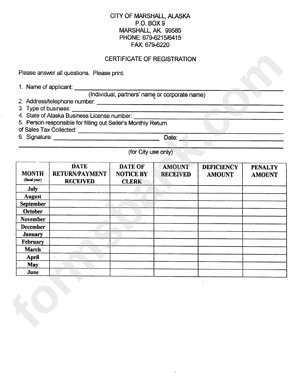 Certificate Of Registration Form - City Of Marshall