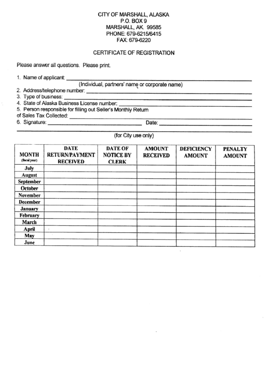 Certificate Of Registration Form - City Of Marshall Printable pdf