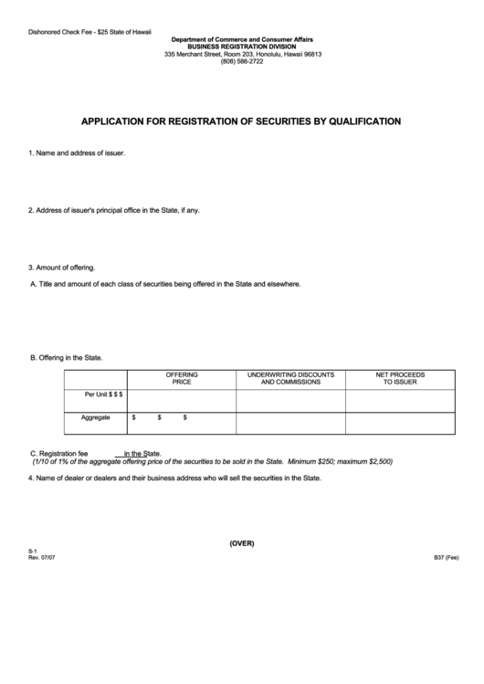 Application For Registration Of Securities By Qualification Form - State Of Hawaii Printable pdf