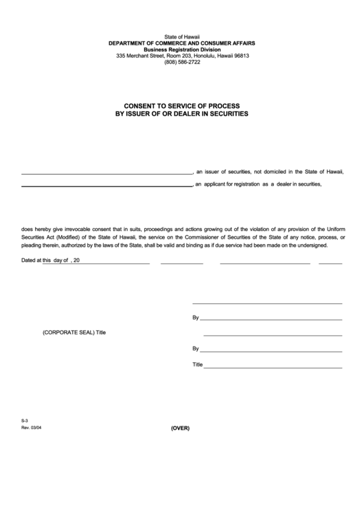 Consent To Service Of Process By Issuer Of Or Dealer In Securities Form - State Of Hawaii Printable pdf
