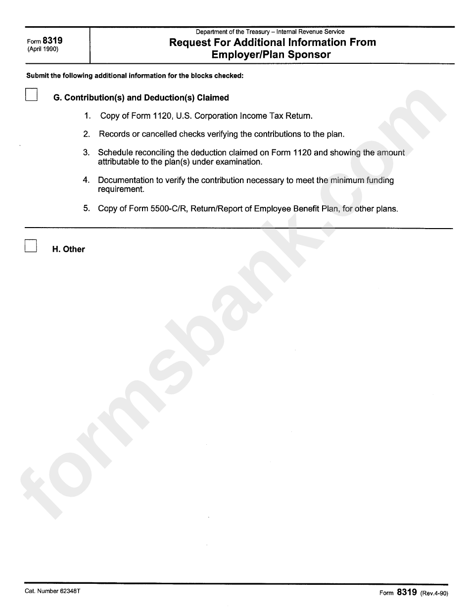 Form 8319 - Request For Additional Infromation From Employer/plan Sponsor Form