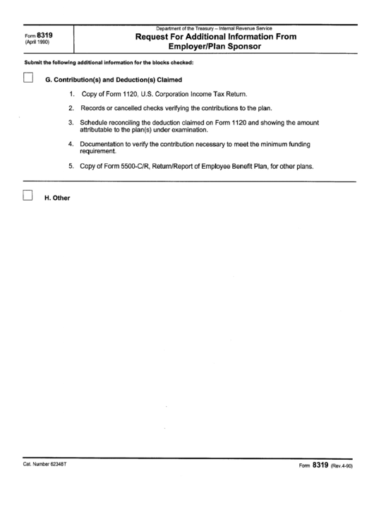 Form 8319 - Request For Additional Infromation From Employer/plan Sponsor Form Printable pdf