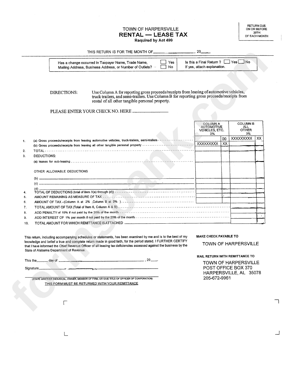 Rental-Lease Tax Form - Town Of Harpersville