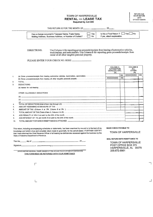 Rental-Lease Tax Form - Town Of Harpersville Printable pdf