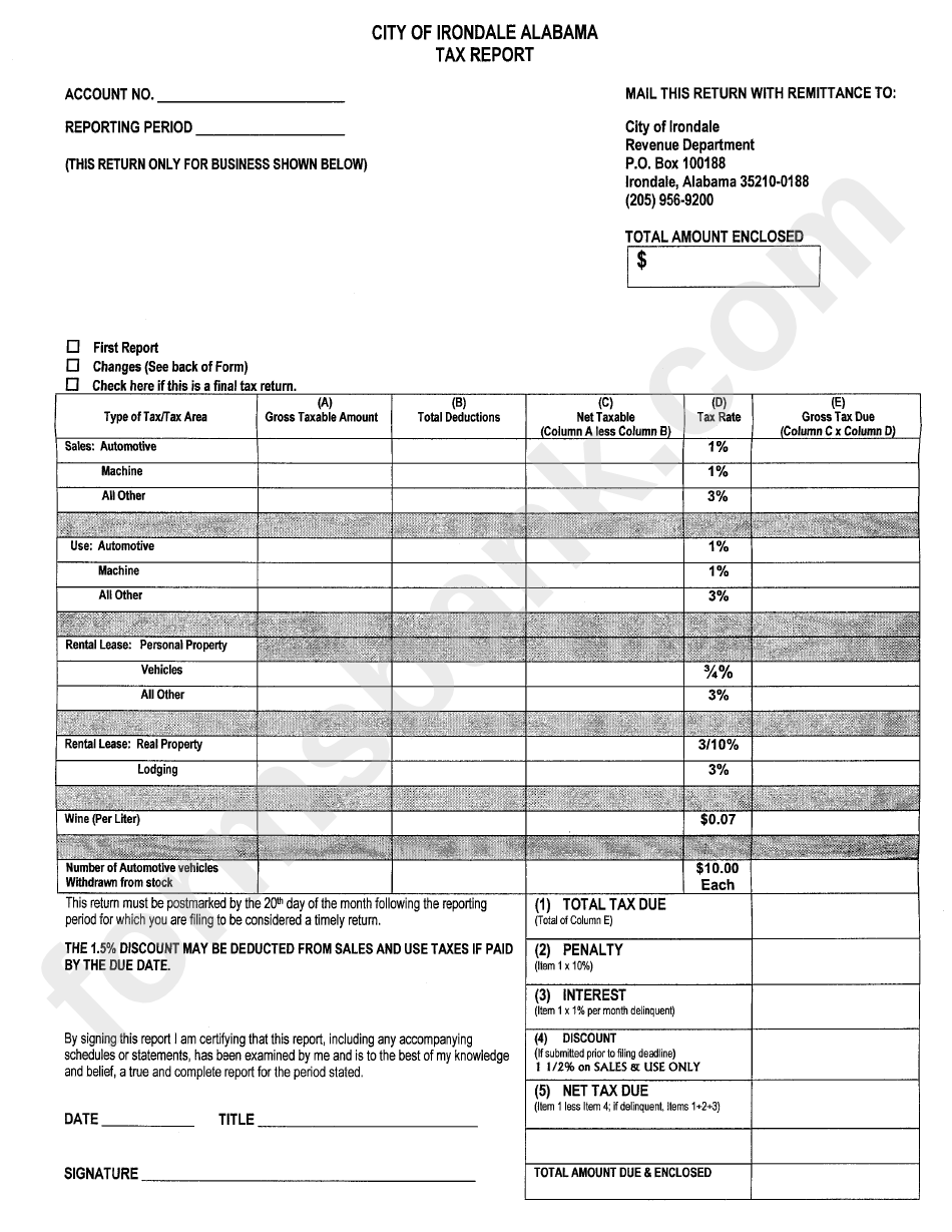 Tax Report Form - City Of Irondale