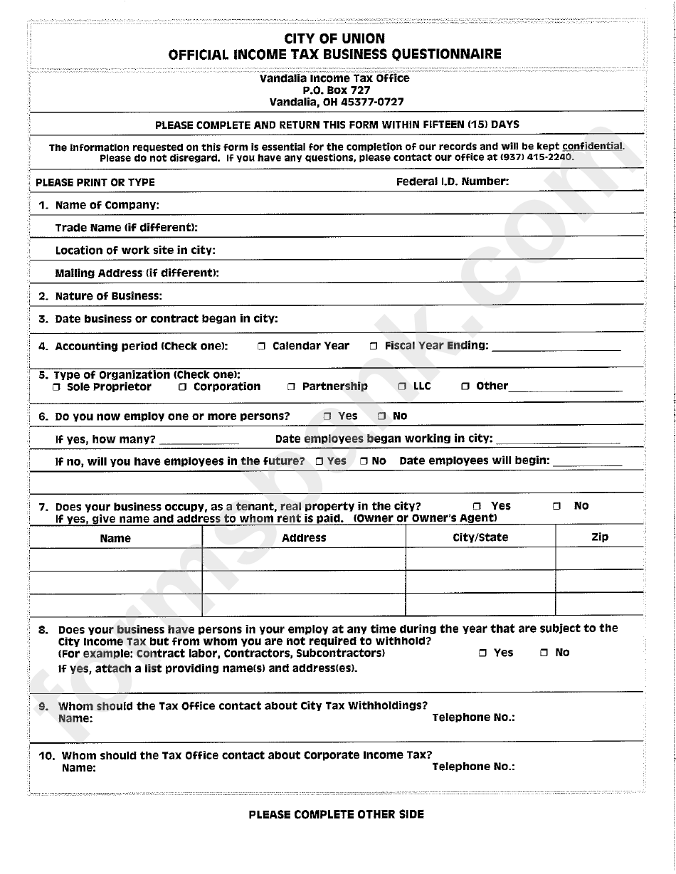 Official Income Tax Business Questionnaire Form - City Of Union