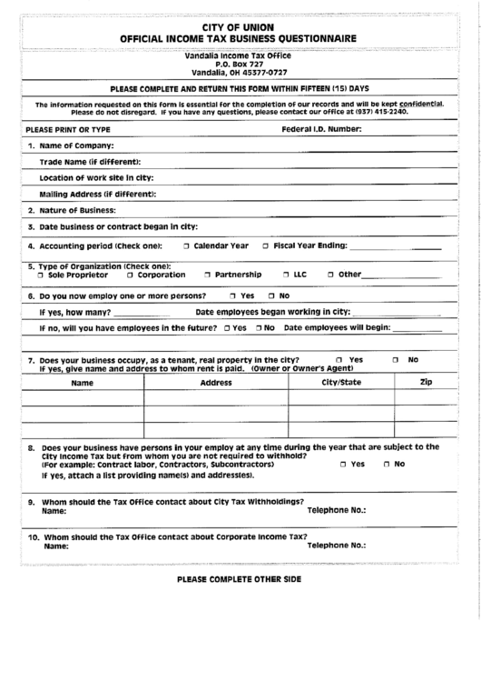 Official Income Tax Business Questionnaire Form - City Of Union Printable pdf