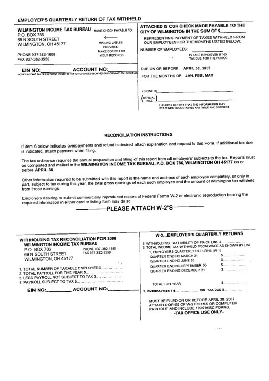 Employers Quarterly Return Of Tax Withheld Form Printable Pdf Download