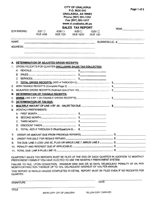 Sales Tax Report Form - City Of Unalaska Printable pdf