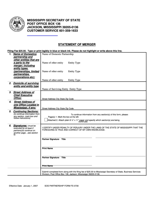 Fillable Sos Partnership Form Fs 0730 - Statement Of Merger Printable pdf