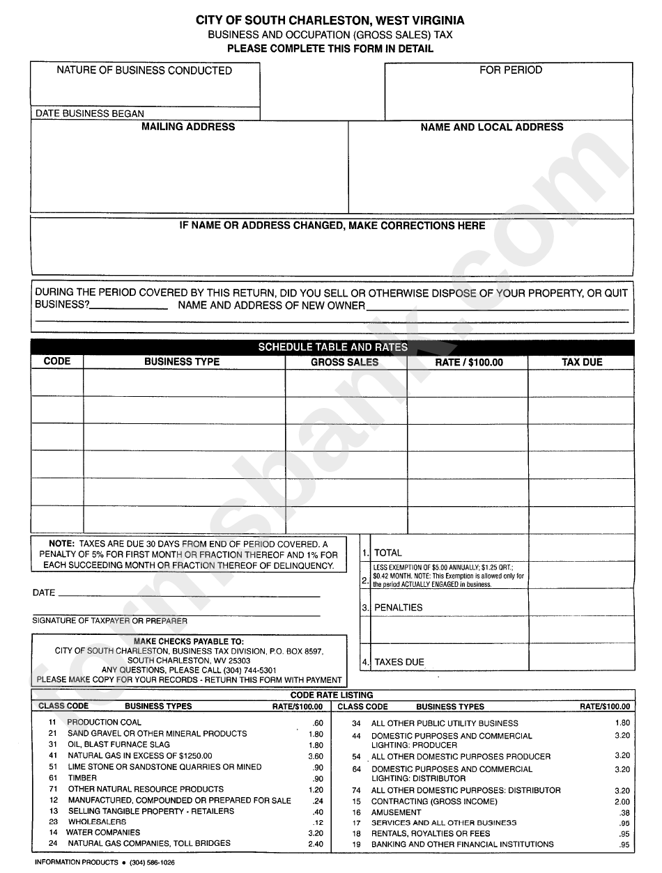 Business And Occupation (Gross Sales) Tax Form - City Of South Charleston