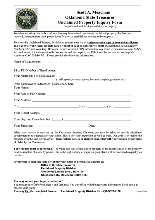 Fillable Unclaimed Property Inquiry Form - Oklahoma State Treasurer Printable pdf