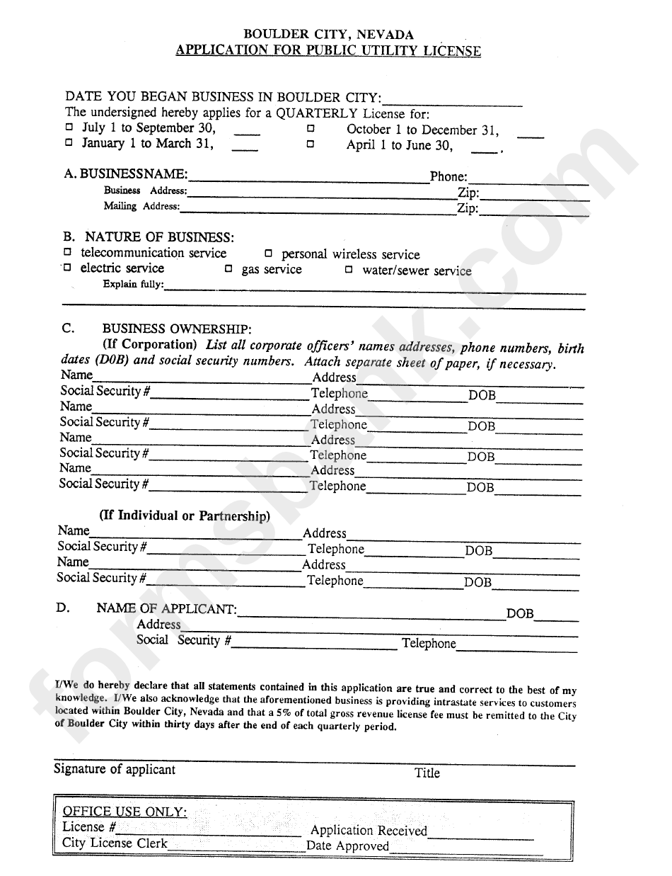 Application Form For Public Utility License - Boulder City