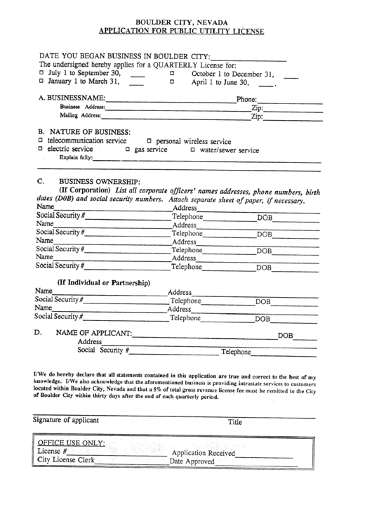 Application Form For Public Utility License - Boulder City Printable pdf