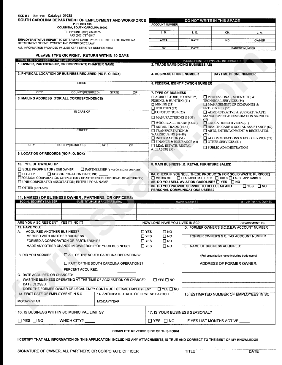 Form Uce-151 - South Carolina Department Of Employment And Workforce