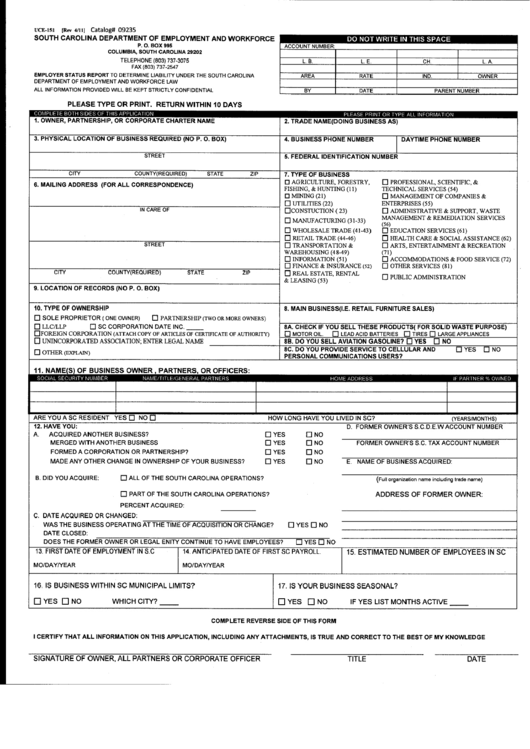 Form Uce-151 - South Carolina Department Of Employment And Workforce Printable pdf